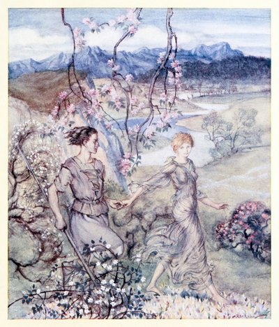 Then they [Iollan and Tuiren] went hand in hand in the country that smells of apple-blossom and honey. from The Birth of Bran in Irish Fairy Tales by Arthur Rackham