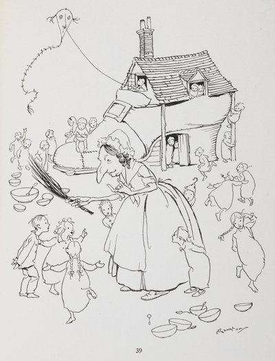 There was an old lady who lived in a shoe. Woman with a shoe-house and lots of children by Arthur Rackham