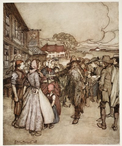 They crowded round him, eyeing him from head to foot with great curiosity, from Rip Van Winkle by Washington Irving by Arthur Rackham