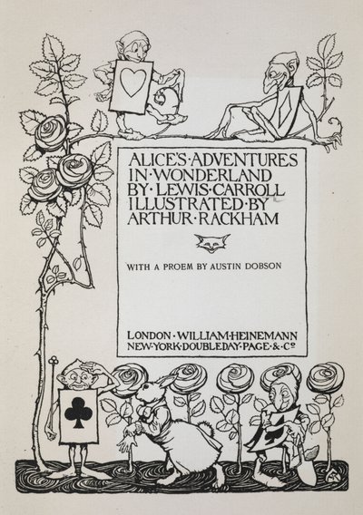 Title page with a rose bush, the White Rabbit and men dressed as cards by Arthur Rackham