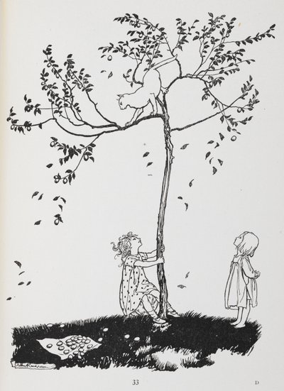 Two Children Try to Get a Cat Down from a Tree. by Arthur Rackham