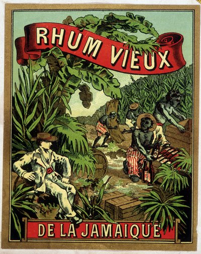Jamaican rum label. Black workers reducing sugar cane are watched by a white man by Artist Unknown