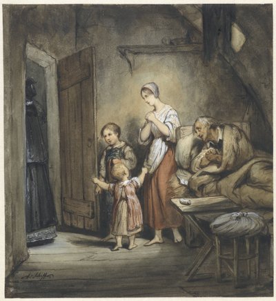 Sick Man in Bed with a Woman and Two Children Beside Him by Ary Scheffer