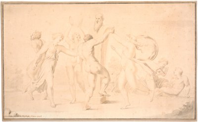 Bacchanal. A satyr, a bacchant, and three bacchantes dance around Priapus herm by Asmus Jacob Carstens