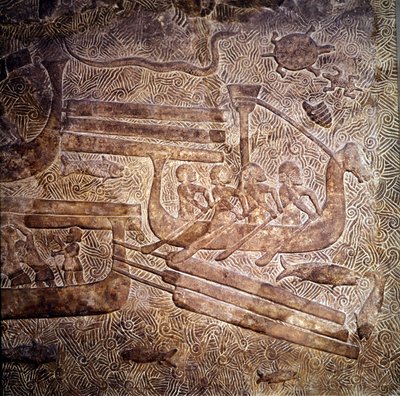 Naval expedition: transport of wood from Lebanon along the Phenician coast. A representation of a Phenician vessel with a single row of rowers. Bas-relief of Khorsabad, 8th century BC. Neo-Assyrian period, Mesopotamia. Louvre Museum by Assyrian
