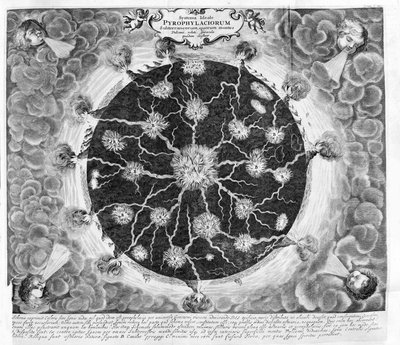 Cross-section of the Earth showing the central fire, fire fires and volcanoes, from a copper engraving of Athanase Kircher