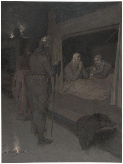 Njal, Bergthora and Thord Karisson Decide to be Burned Alive. Illustration for Njal’s Saga, ch. 129 by August Malmström