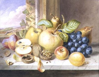 A Still Life of Apples, Grapes, Pears, Plums and Walnuts on a Window Ledge by Augusta Innes Withers