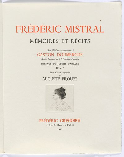 Frédéric Mistral: Memoirs and Stories: title page, bust of woman in profile by Auguste Brouet