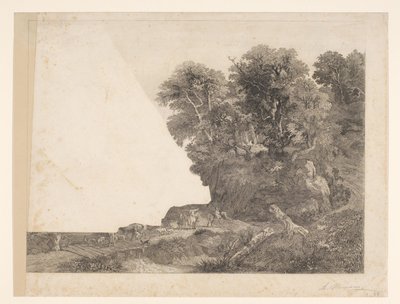 Landscape with Animals and Figures on a Road Along a River by Auguste Numans