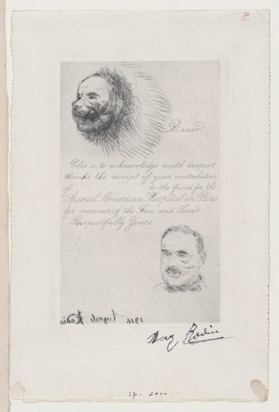 Contribution Receipt of the Special American Hospital in Paris for Wounds of the Face and ..., 1916 by Auguste Rodin