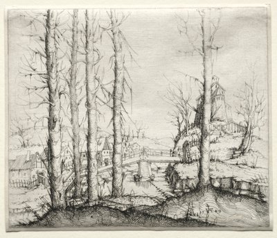 River Landscape with Five Bare Spruce Trees in the Foreground, 1549 by Augustin Hirschvogel