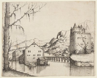 River Landscape with Two Buildings Connected by a Bridge by Augustin Hirschvogel