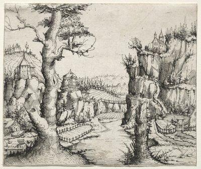 River Landscape with Rocks at Left and Right by Augustin Hirschvogel