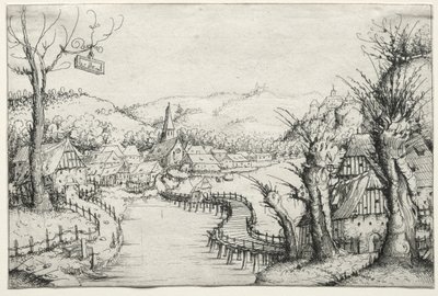 River Landscape with three bare willow-trees at right and a long winding wooden bridge, 1546 by Augustin Hirschvogel