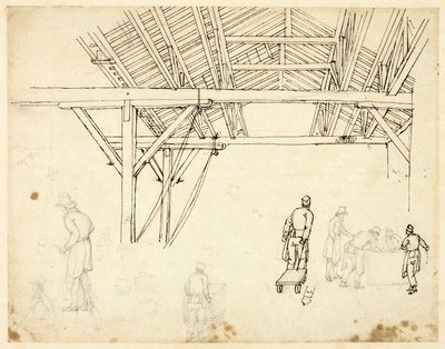 Rejected Study, Possibly for an Illustration of the Custom House, from Microcosm of London (recto); Sketches of Workers with Barrels (verso) by Augustus Charles Pugin