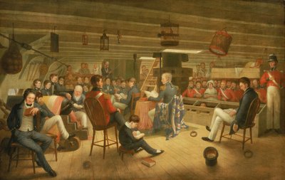 Divine service as it is usually performed on board a British frigate at sea by Augustus Earle