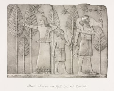 Monuments of Ninevah: Plate 32, Huntsmen with Gazelle, Hare and Birds Khorsabad, 1853 by Austen Henry Layard