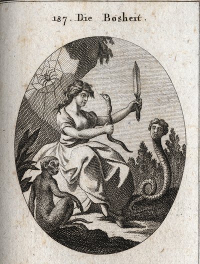 Allegory of malice. She looks happy with an aspic and a dagger. Its attributes are the snake with a human face that desires fraud, the monkey that is the emblem of malice, and the spider that alludes to traps. Engraving in “Iconologie oder Ideen aus dem by Austrian School