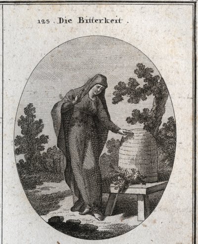 Allegory of bitterness. She looks sadly at an absinth plant that germinated in a honey hive. Engraving in 