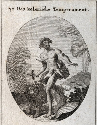 Allegory of choleric complexion. He holds a sword to attack and just threw his shield forgetting to defend himself. His attribute and a threatening lion. Engraving in 