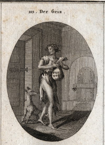 Allegory of Greed depicted in rags with a gold chain that serves as a belt, emphasizing that possession of property makes her a slave to the point of refusing necessities. On the stock exchange is the name Pluto, god of wealth in mythology. by Austrian School