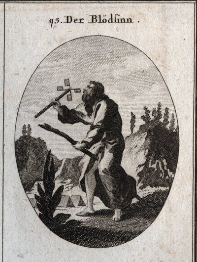 Allegory of imbecility or dementia represented by an old man on a reed, attribute of fragility and old age. He