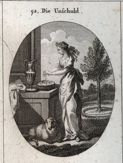 Allegory of innocence crowned with palm to mark that time makes her triumph over the slander that wants to oppress her. Its symbol is the lamb. Hand washing serves to publicly exonerate themselves from false accusations. Engraving in 
