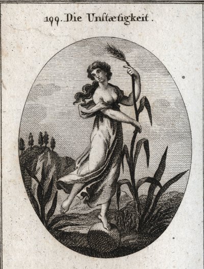 Allegory of instability stirred by the wind. It leans with both hands on a fragile reed and is placed only one foot on a ball. Engraving in 