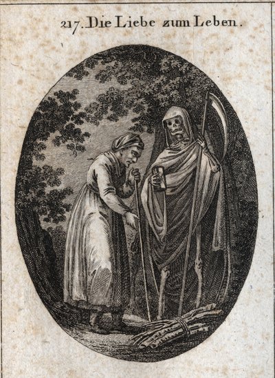 Allegory of Love for Life. An Old Woman Calls Death to Help Her Put Her Wooden Bunks on Her Head. Engraving in 