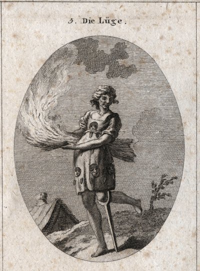 Allegory of lying represented by ugly, bad hair and bad clothes. Her clothing is filled with tongues and masks. The burning straw illustrates the lack of substance of her words and the wooden leg, the little solidity. Engraving in 