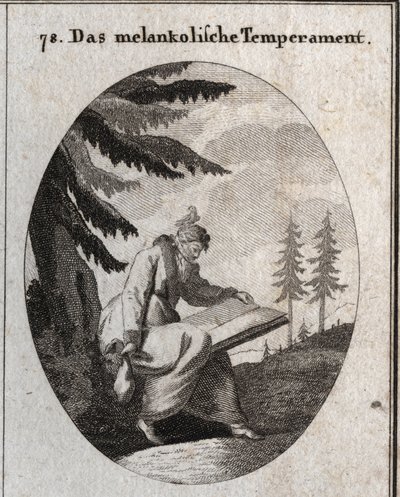 Allegory of melancholic complexion. He holds a book and a purse and his mouth is closed with a blindfold. A bird sits on his head. Engraving in 