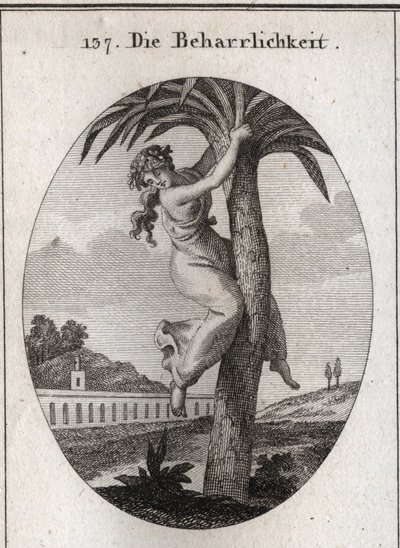 Allegory of perseverance. The palm tree, to which a young girl is attached, is the symbol of virtue. She looks at the earth with disdain. Engraving in 