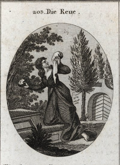 Allegory of Regret Represented with a Knee on a Tomb. She Holds with One Hand a Handkerchief and on the Other a Stone Whose Chest She Strikes. Engraving in 