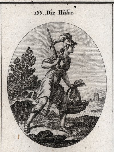 Allegory of Relief Represented in Armor with a Sword. She Carries a Purse and a Basket Full of Food to Symbolize Relief in Calamities and Famine. She