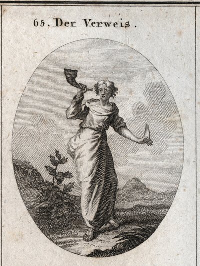 Allegory of Reprimand. She Learns to Sound a Book Connet That Emphasizes the Unsightly Sound of Reprehensive Words Manipulated with Caution, as Shown by the Human Language Held in the Other Hand. Engraving in 