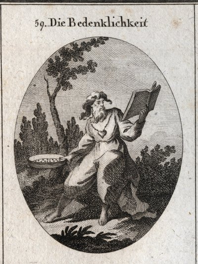 Allegory of scruples represented by an old man with a gold chain to which is attached a heart emblem of candor and good advice. He maintains a calendar that he carefully considers and a sieve that is the attribute of the distinction between good and evil by Austrian School