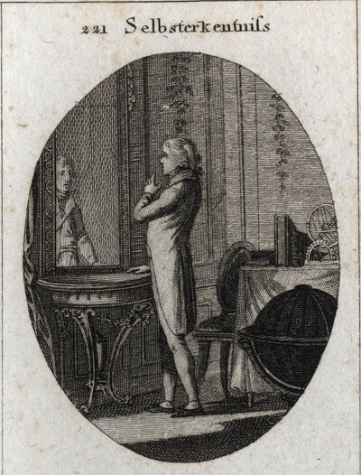 Allegory of self-knowledge. A young man faces a mirror. Engraving in 