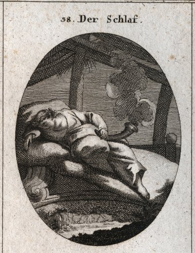Allegory of Sleeping on a Bed of Ebony Near Which a Stream Flows. He holds a black and polished cone from where comes a steam that means dreams. Engraving in 