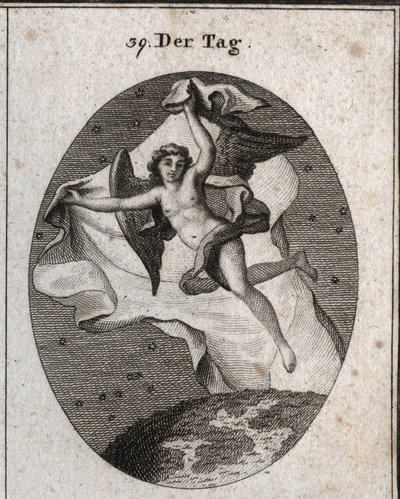 Allegory of the Day Flying Quickly and Hiding the Night and the Stars Using a Bright Large Veil. Engraving in Iconologie oder Ideen aus dem Gebiete der Leidenschaften und Allegorien bildich dargestellt fur Zeichner, Mahler, Dichter, Gelehrte, Erzieher u by Austrian School