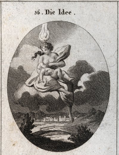 Allegory of the idea represented with a flame on the head and a gold circle on the forehead, nursing a child. Engraving in 