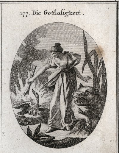 Allegory of impiety holding a torch from which she burns a pelican in her nest with her young. Her attribute is the hippo. Engraving in 