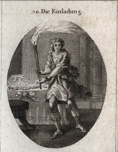 Allegory of the invitation as a young man with a laughing face inviting to a table covered with dishes. The torch he holds is the attribute of Comus, god of feasts and night parties. Engraving in 
