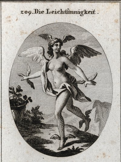 Allegory of the light. She has wings on her head, shoulders, feet and hands. Engraving in 