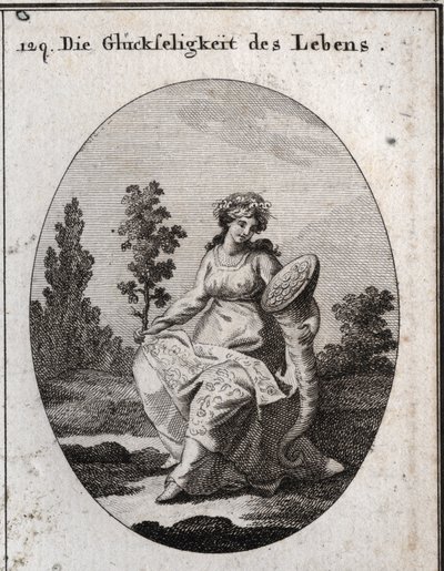 Allegory of the prosperity of life. richly clothed and crowned with grapes and attributes of wealth and abundance. The oak branch filled with leaves and fruit means health but also solidity and incorruptibility. Engraving in 