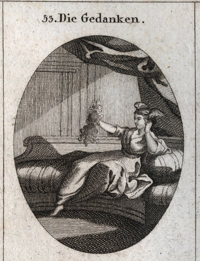 Allegory of Thoughts represented with wings at the head and holding a bunch of tangled threads, an image of the embarrassment that various thoughts give. Engraving in 