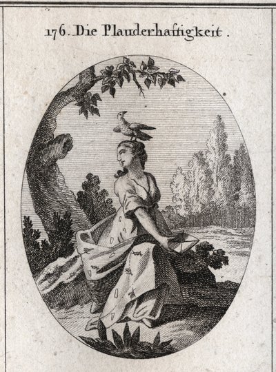 Babel allegory. Its drapery is filled with cicadas and tongues. His attribute is the crow. Engraving in “Iconologie oder Ideen aus dem Gebiete der Leidenschaften und Allegorien bildich dargestellt fur Zeichner, Mahler, Dichter, Gelehrte, Erzieher und fre by Austrian School