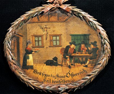 Customers sitting at table in inn and waitress, oval sign for inn, Austria by Austrian School