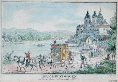 Imperial Austrian Postal Service Carriage in Front of Melk Abbey Beside the River Danube by Austrian School