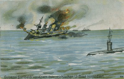Sinking of the Italian Cruiser Giuseppe Garibaldi by the Austrian Submarine U-4, World War I, 18 July 1915 by Austrian School
